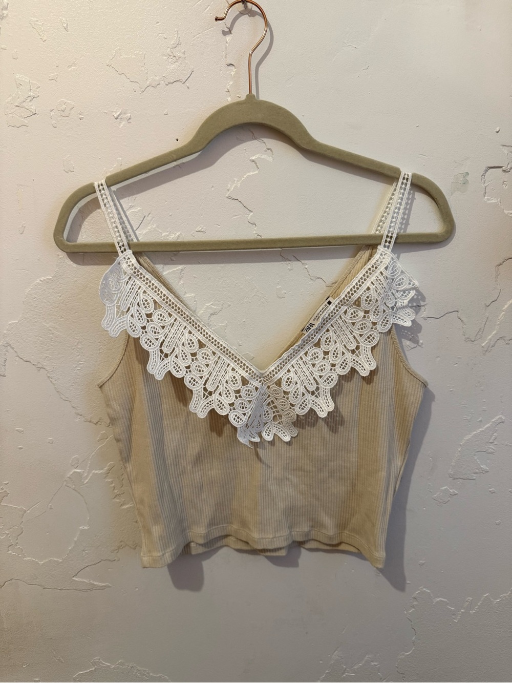 Zara Cream Ribbed Camisole with White Lace V-Neck